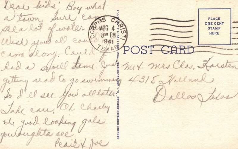 Vintage Postcard 1941 Evening Scene On Corpus Christi Bay Texas TX