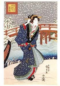 Kunisada: Evening Snow Ukiyo-e 8 Scenes of Edo Geisha Japan c1970s Art Postcard