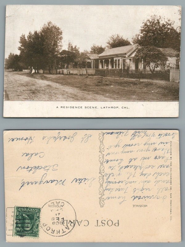 Abro Stamps US LATHROP California Residence Scene Fresh Used Post Card