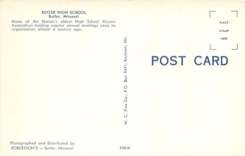 BUTLER MISSOURI HIGH SCHOOL HOME OF OLDEST ALUMNI ASSOC IN NATION POSTCARD 1960s