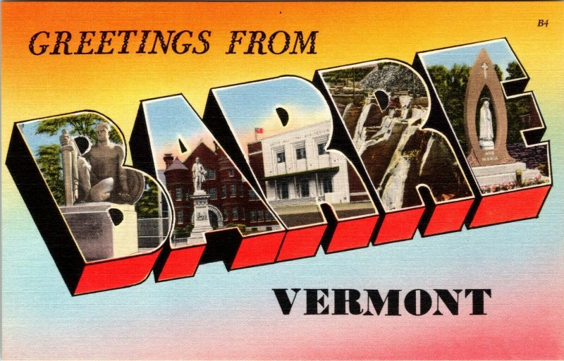 1940 LARGE LETTER POSTCARD  GREETINGS FROM BARRE VERMONT  W/SITES UNUSED 