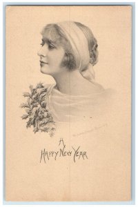 c1910's Happy New Year Pretty Woman Holly Berries Unposted Antique Postcard