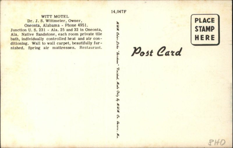 Oneonta AL Witt Motel Linen Postcard