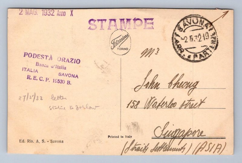 ITALY 216 & 280 STAMPS SAVONA PAOLO BOSSELLI REAL PHOTO POSTCARD EXCHANGE 1932
