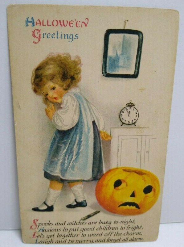 Vintage Halloween Postcard Ellen Clapsaddle Wolf Series 31 Child w/ JOL Unused