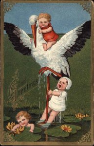 Congratulations Fertility Fantasy Babies on Stork c1910 Vintage Postcard