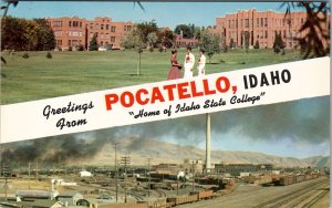 Pocatello Idaho Greetings Split View Banner College & Railroad Postcard Y8