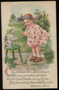 Optimistic Miss. Child with cat. 1916 Gartner & Bender postcard