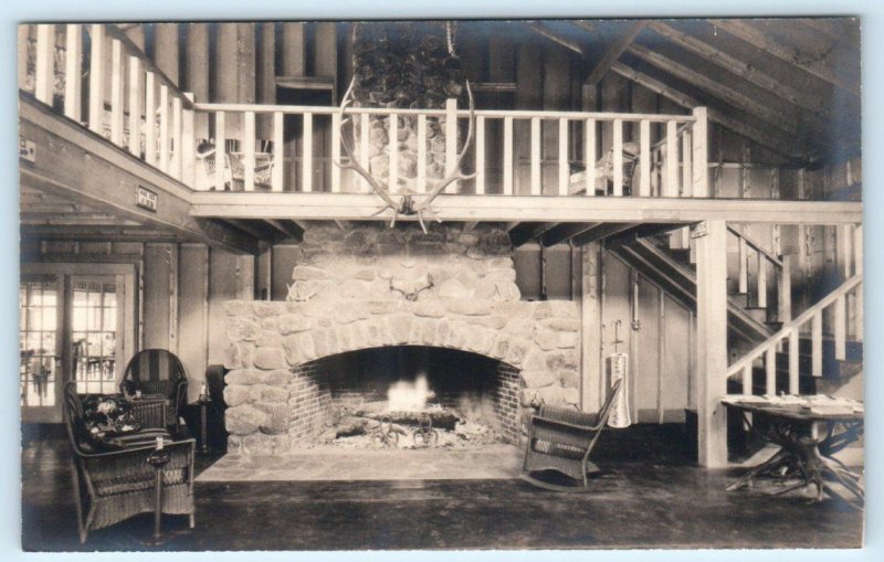 RANGELEY, Maine ME ~ Large Fireplace YORKS LOG VILLAGE Loon Lake Postcard 