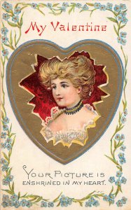 H53/ Valentine's Day Love Holiday Postcard c1910 Gold Heart Woman Flowers 48