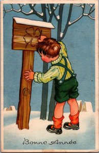 Happy New Year Boy Drawing Clover Four Vintage Postcard C003