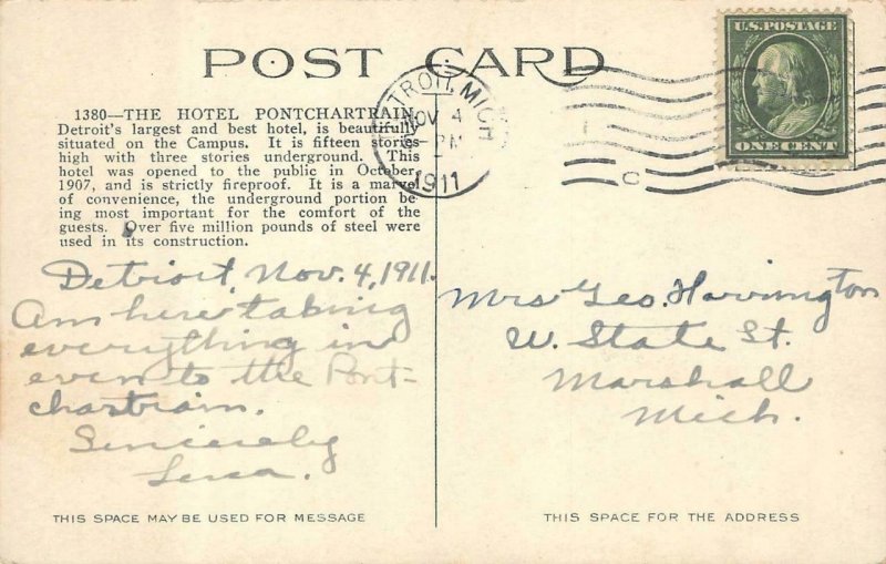 DETROIT, Michigan MI ~ PONTCHARTRAIN HOTEL & Civil War Statue  1910 Postcard