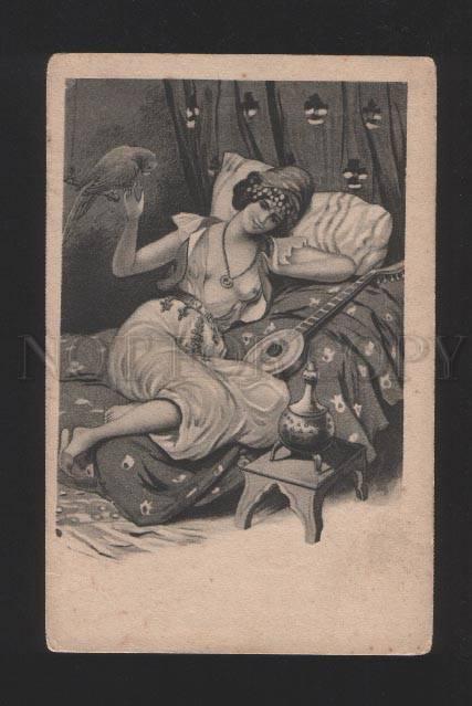 078030 Semi-NUDE Woman SLAVE HAREM w/ PARROT Mandolin Vintage