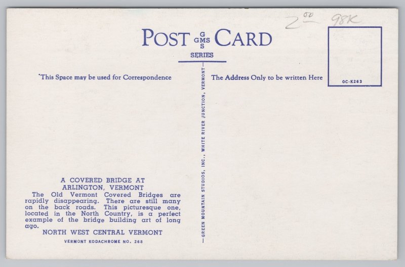 Bridge~Arlington Vermont~Covered Bridge~Vintage Postcard