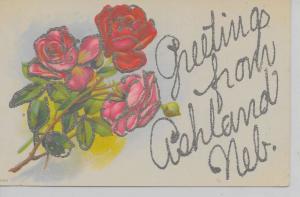 Ashland Nebraska Greetings From roses glittered antique pc Z19925 