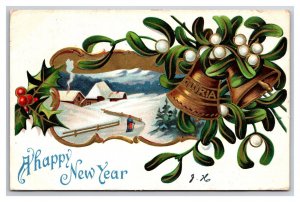 Happy New Year Mistletoe Holly Winter Cabin Embossed DB Postcard A16