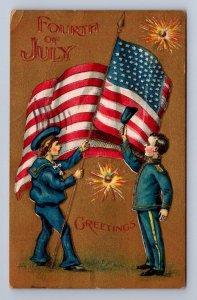 FOURTH OF JULY HOLIDAY MILITARY PATRIOTIC EMBOSSED POSTCARD 1910