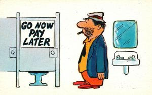 Vintage Postcard Go Now Pay Later Man Smoking in a Comfort Room Funny Comics