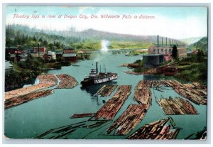 Oregon City Oregon Postcard Floating Logs In River Willamette Falls Scene 1910