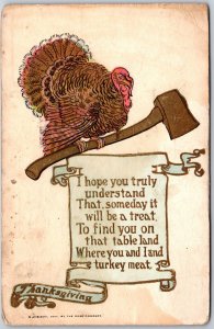 Thanksgiving, 1907 Turkey On Axe, Embossed Humorous Poem Scroll Vintage Postcard