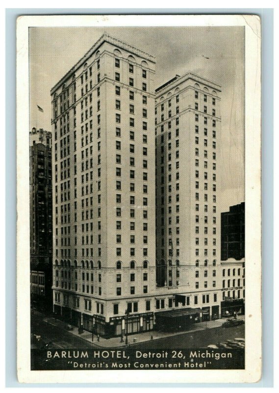 Vintage Original Barlum Hotel, Detroit 26, Michigan Downtown Postcard P16