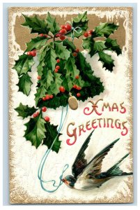 c.1910 Christmas Holly Berries Bell Bird Embossed Vintage Postcard P51