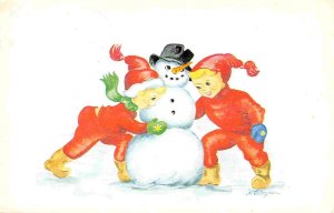 Children Making Snowman Winter Christmas Artist Signed Ostergren postcard