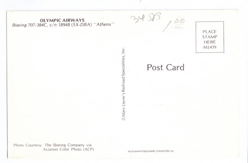 Olympic Boeing 707 384C Athens Greece Airplane Jet Vintage Aircraft Postcard