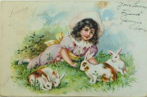 Circa 1910 Easter Girl Playing with Bunnies Embossed Vintage Postcard P54