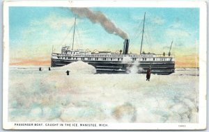 Postcard - Passenger Boat, Caught In The Ice - Manistee, Michigan