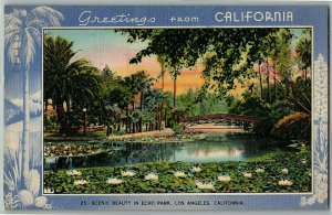 1950 Greetings California Postcard Linen Ca Thompson Gardner Scenic Echo Park LA