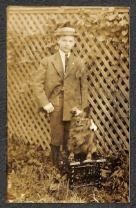 RPPC CHILD & PET DOG LATTICE FENCE CHICAGO ILLINOIS REAL PHOTO POSTCARD 1908