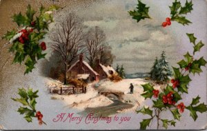 Merry Christmas With Holly and Winter Scene