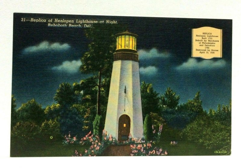 Rehoboth Beach Delaware Replica Henlopen Lighthouse Night Linen Vintage Postcard