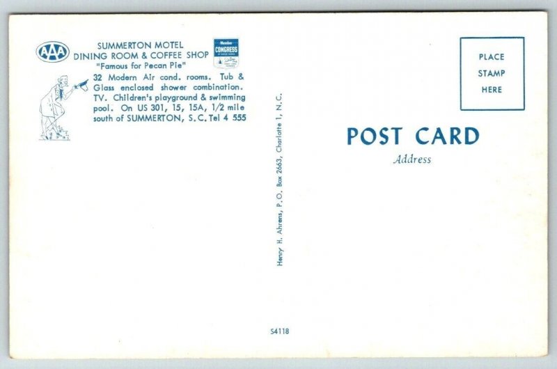 Summerton  South Carolina  Motel   Postcard