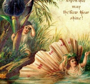 1870s-80s New Year's Card Fantasy Fairies Seashell Iris Fab! #5M