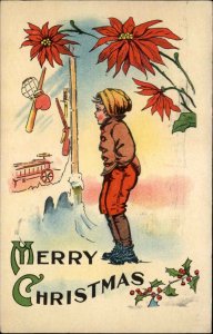 Christmas - Little Boy at Store Window Sporting Goods Toys c1910 Postcard