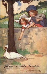 AGNES RICHARDSON Cute Dutch Children Poking Goose Antique Postcard