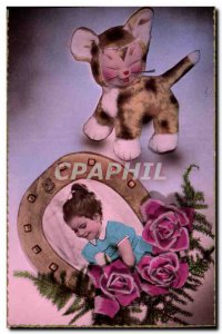 Old Postcard Fancy Doll Child Horseshoe