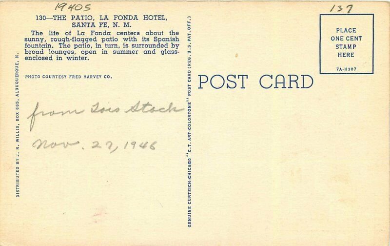 La Fonda Hotel Santa Fe New Mexico roadside Willis Teich Postcard 20-325