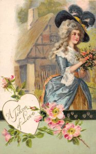 Romance Greetings Lady with Flowers Token of Love Valentine Postcard AA10005