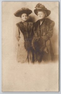 RPPC Two Lovely Ladies Edwardian Women Fur Stole Muff Large Hats Postcard A49