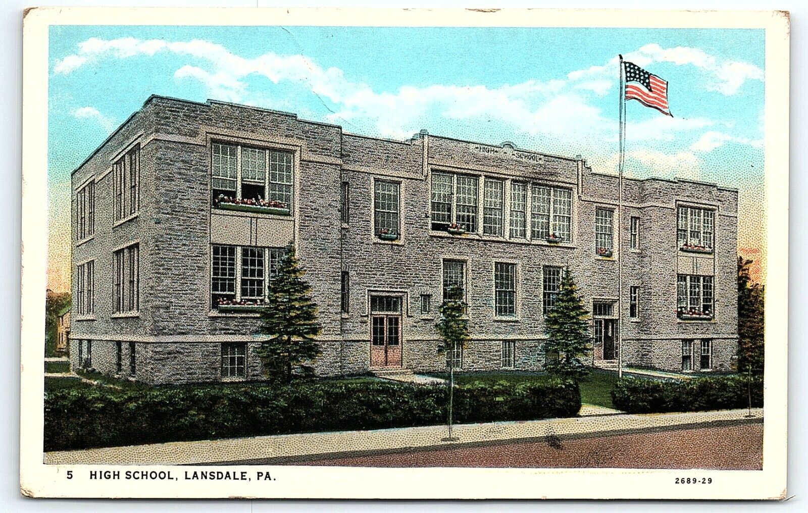 1931 Lansdale PA High School White Border US Flag Postcard P3952