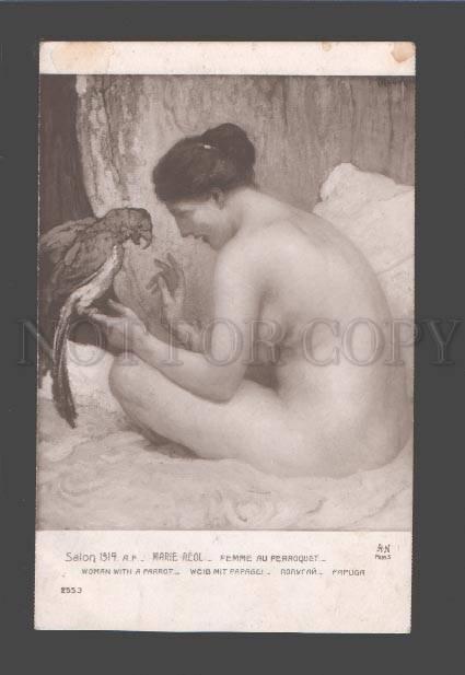 086792 NUDE Woman w/ PARROT by MARIE REOL vintage SALON 1914