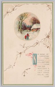 Holiday~Christmas~Mother & Son Walk Home in Snow~Vintage Postcard