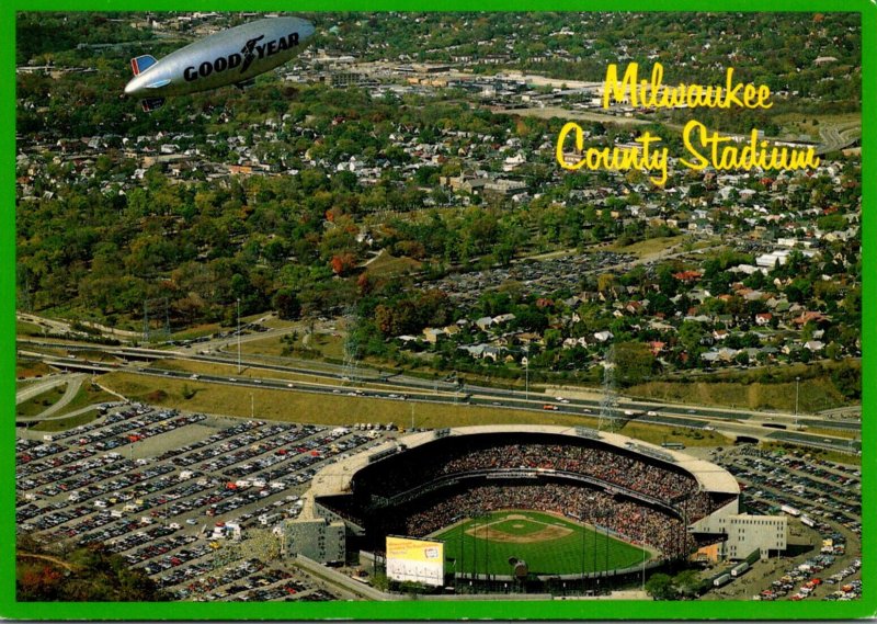 Wisconsin Milwaukee County Stadium With Goodyear Blimp Flying Overhead