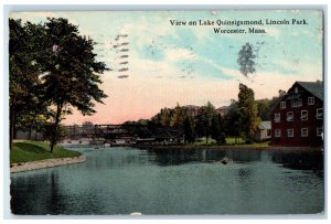 1913 View on Lake Quinsigamond Lincoln Park Worcester MA Antique Postcard