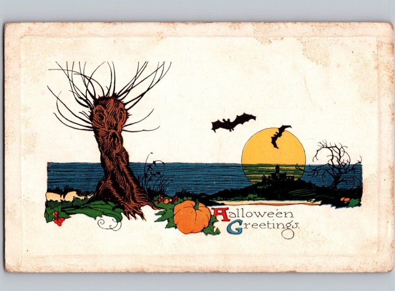 RARE c1910 Halloween Greetings GIBSON ART CO Pumpkin Moon Bats Postcard