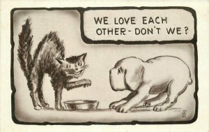 1910 Cat Dog Food bowl comic humor artist impression Postcard 22-3096