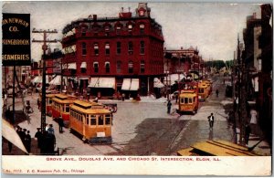 Intersection of Grove, Douglas and Chicago St, Elgin IL c1907 Vtg Postcard G46